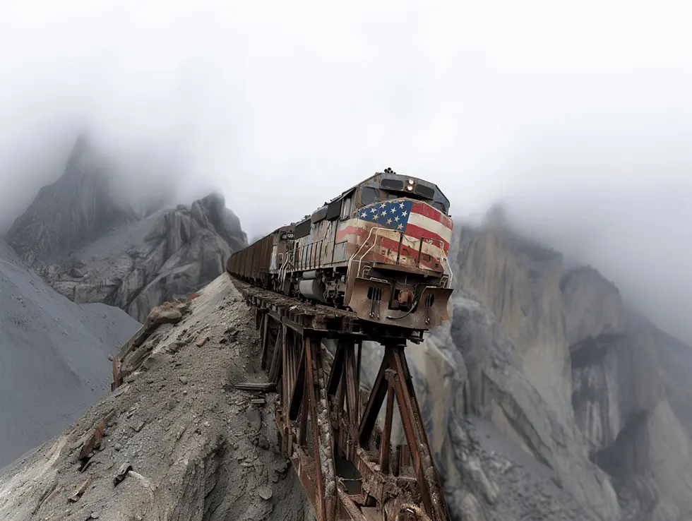 Wrecked Train with USA flag